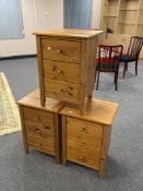 Three pine three drawer bedside chests