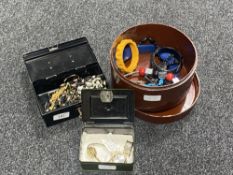 Two tins and a box of various costume jewellery,