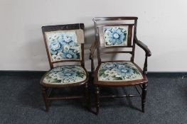 A Victorian inlaid mahogany bedroom armchair together with a further carved bedroom chair