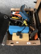 A box of assorted hand tools, Black & Decker angle grinder,