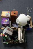 Two boxes of contemporary table lamps, kitchen electricals, glass bowls, mirror,