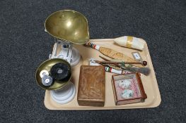 A tray of vintage kitchen scales with weights, carved hardwood box,