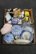 Two boxes of Mohair teddy bear, dolls, Ringtons delivery van, blue and white pumpkin jars,