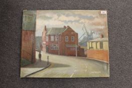 George Patterson: Public house with cranes beyond, oil on canvas, signed, 48cm by 62cm,