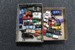 Two boxes of mid 20th century and later play-worn die cast cars,