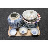 A collection of Chinese and other ceramics, blue and white ginger jar, bowls and plates,