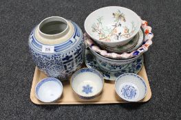 A collection of Chinese and other ceramics, blue and white ginger jar, bowls and plates,