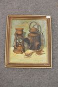 George Patterson: Still life with two rusty lanterns, oil on panel, signed, dated '92, 43cm by 35cm.