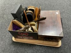 A Victorian mahogany box containing vintage gloves and a further box of 20th century clothes