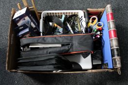 A box of pens, stationery, CD's, waster paper basket, camera tripod in carry bag,