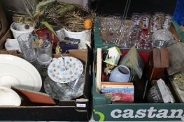 Four boxes of miscellany to include plant pots, cake stands, glass ware, drinking glasses,