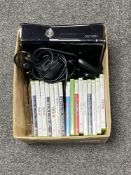 An Xbox 360 (black) with controller and leads with sixteen games