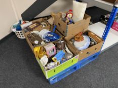 Seven boxes and a basket of various including ornaments, glass ware, soft toys,