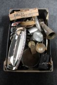 A box of antique and later metal ware to include brass long handled candlestick, copper horn,