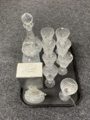 A tray of two sets of four Tyrone crystal wine glasses together with a crystal decanter with label