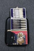 A tray of cased silver plated dish knives and forks, vintage lady's purse,