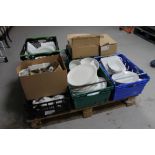 A pallet of six baskets and three boxes of catering crockery and condiment pots.