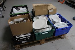 A pallet of six baskets and three boxes of catering crockery and condiment pots.