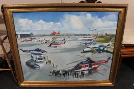 A gilt framed oil on board, Dignitaries on airport runway, signed Edmund Miller,