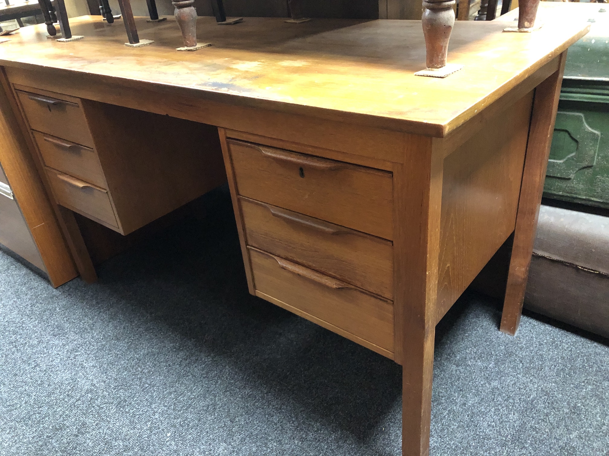 A mid 20th century teak twin pedestal writing desk and teak filing chest. - Image 7 of 8