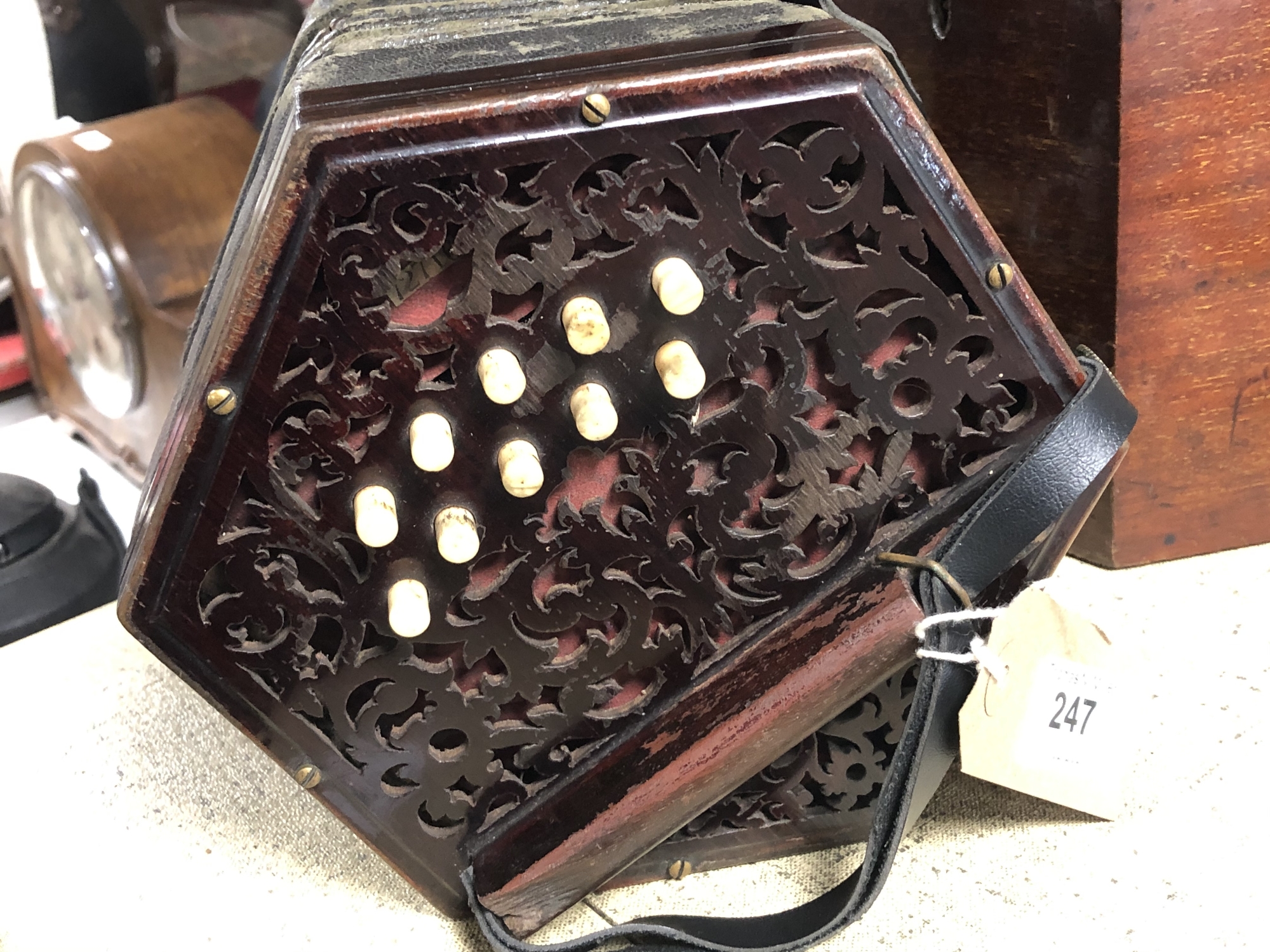 An antique English concertina with rosewood fretwork ends labelled Lachenal & Co, - Image 6 of 13