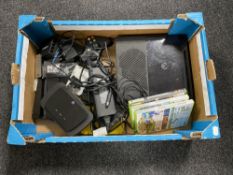 A box of Xbox 360 with leads and controllers, games, assorted mobile phones,