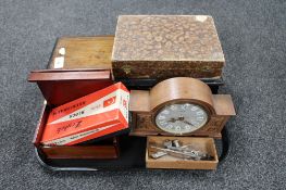 A tray of a Victorian inlaid rosewood music box (lacking movement), boxed Turkish pipe,