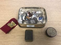 A tin of novelty vesta case, vintage Eley-Kynoch tin, trinkets,