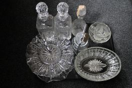 Two tray of antique and later pressed glass, decanters etc.