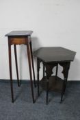 An Edwardian oak hexagonal occasional table and a plant stand.