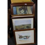 A box of seven assorted framed pictures and prints to include oil on board portrait of a boy by