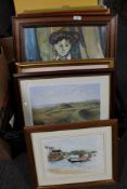 A box of seven assorted framed pictures and prints to include oil on board portrait of a boy by