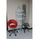 A folding metal cheval mirror, office chair,