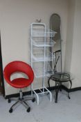 A folding metal cheval mirror, office chair,