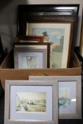 A box of seven assorted framed pictures and prints to include signed limited edition prints,