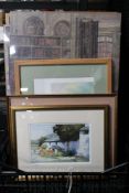 A box of framed pictures and prints, flowers, Museum posters in clip frames,