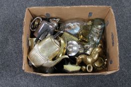 A box of antique and later metal ware to include brass items, plated tea wares, companion stand,