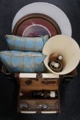 A box of cushions, lamp shades, framed pastel drawings,