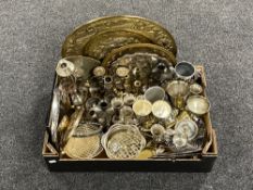 A box containing 20th century metal ware to include brass embossed plaques, plated trays,