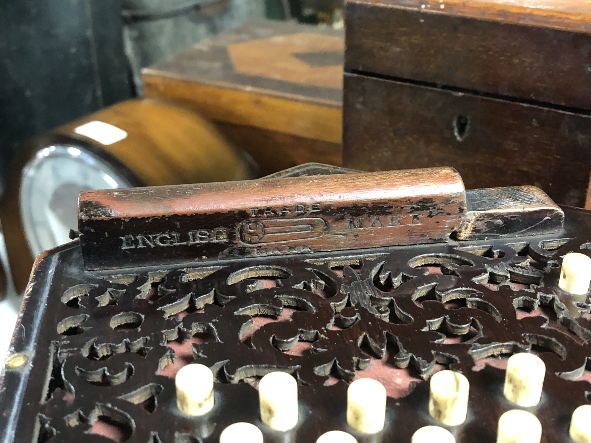 An antique English concertina with rosewood fretwork ends labelled Lachenal & Co, - Image 5 of 13