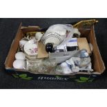 A box of Alfred Meakin tea service, assorted glass ware, JVC video camera,