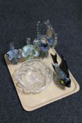 A tray of lead crystal fruit bowl, Venetian glass fish,