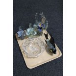 A tray of lead crystal fruit bowl, Venetian glass fish,