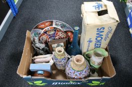 A box of assorted china and pottery to include Maling vase, Chinese style wall plaques,