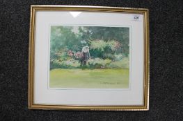 George Patterson : A lady gardening, watercolour, signed, dated '97, 20 cm x 26 cm, framed.