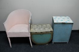 A pink loom basket chair, loom storage stool and a loom linen box.