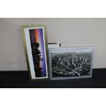 A framed colour print of the New York skyline, black and white framed of Downtown New York,