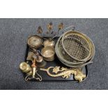 A tray of metalware, brass hand bell, brass bowls,