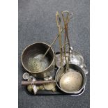 A tray of antique and later metal ware, copper iron handled pan, brass roasters,