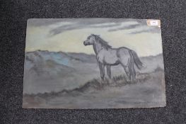 Maureen Patterson: Horse in open landscape, oil on board, signed, dated '68, 42cm by 65cm, unframed.